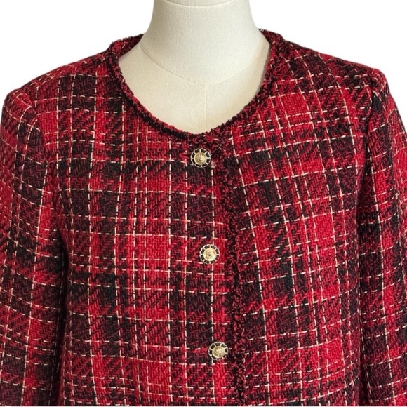 ADRIANNA PAPELL Red Black‎ Tweed Jacket Blazer Gold Buttons Holiday Plaid Size M - Picture 4 of 7